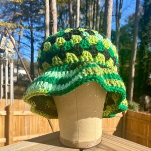 Verdant Vine Green & Black Handmade Crochet Granny Stitch Bucket Hat XL